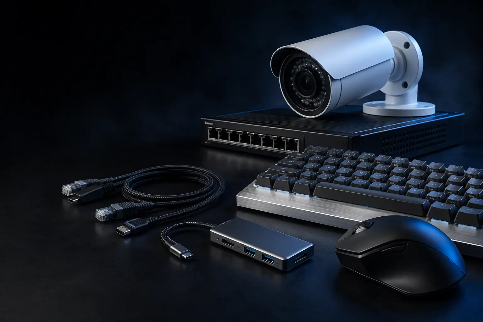 Premium CCTV camera, network switch, keyboard, mouse and USB hub in a dark studio