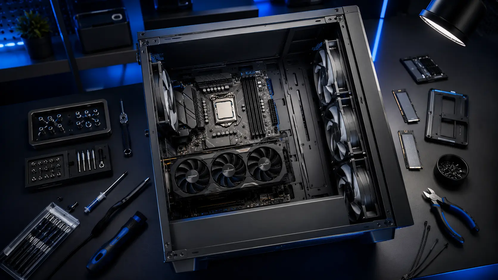 Open custom desktop PC being assembled on a dark workbench